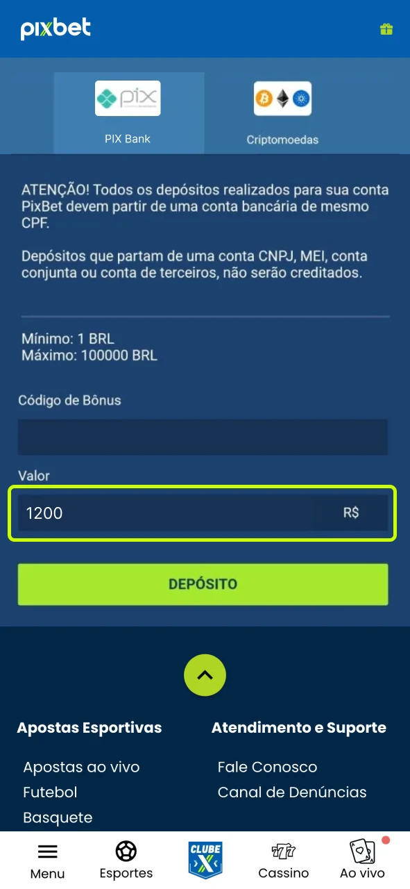 Escaneie o QR Code Pix no aplicativo do seu banco e confirme o depósito na Pixbet.