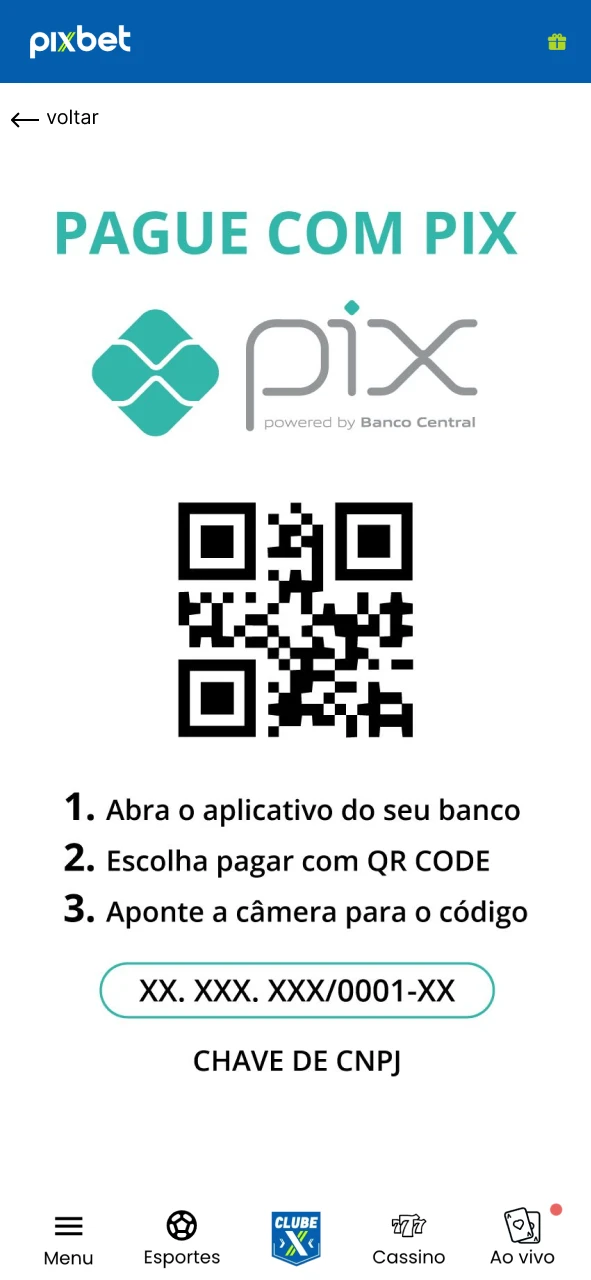 Escaneie o QR Code no app do banco e finalize seu depósito Pix na Pixbet.
