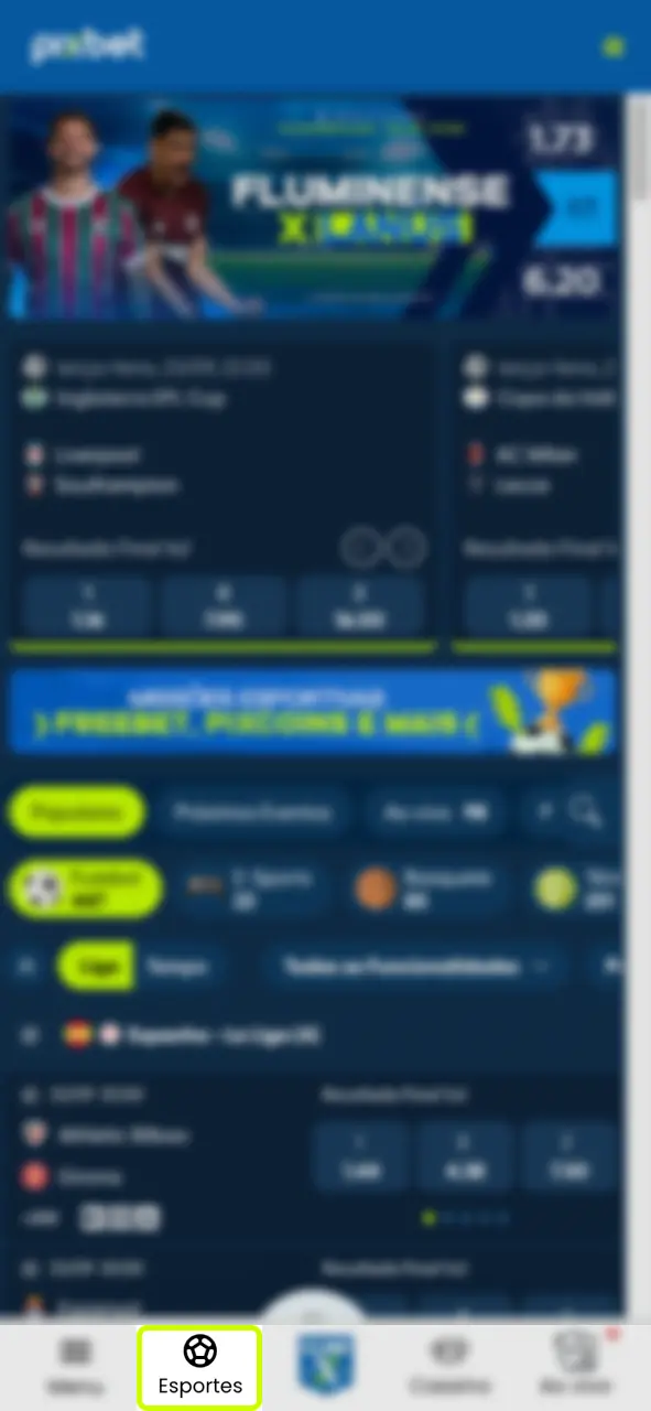 Veja eventos ao vivo no menu Esportes Pixbet.