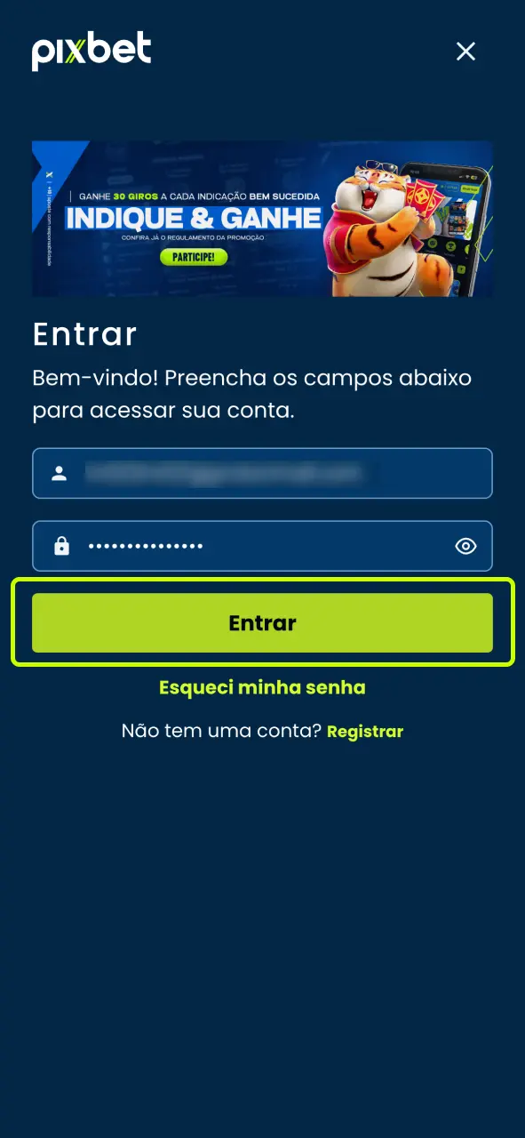 Faça login na sua conta Pixbet com e-mail e senha.