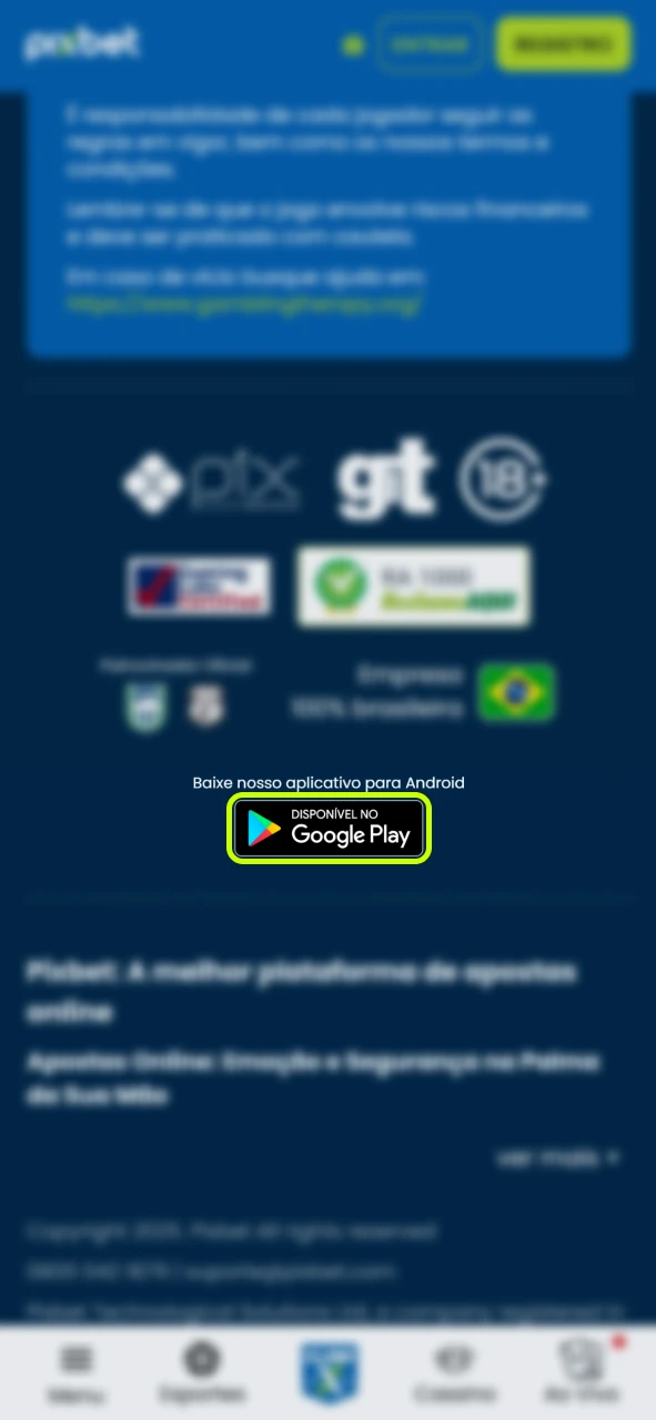 Encontre o botão para baixar o aplicativo Pixbet.