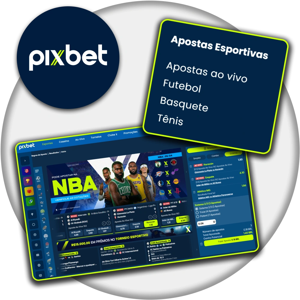 Explore as principais categorias de esportes no cabeçalho do site Pixbet.