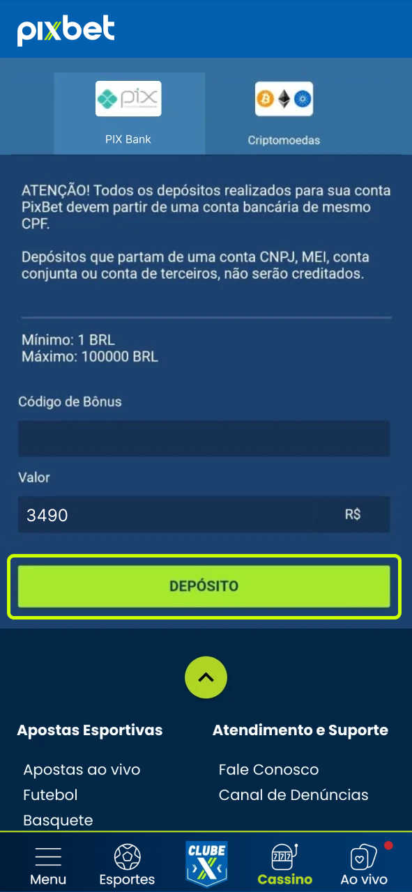 Faça um depósito seguro na Pixbet e comece a apostar nos seus times favoritos.
