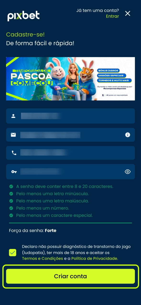 Pixbet confirme cadastro e desfrute entrada rápida na sua conta sem complicações.