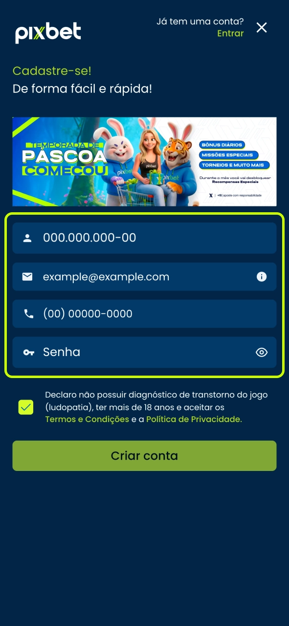 Pixbet preencha seus dados reais agora e garanta verificação rápida da conta.